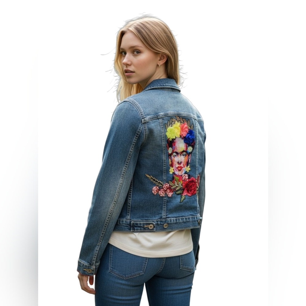 Levi's Denizen Jean Jacket Upcycled W/3D Custom Frida Kahlo Floral Back Design - Picture 3 of 12